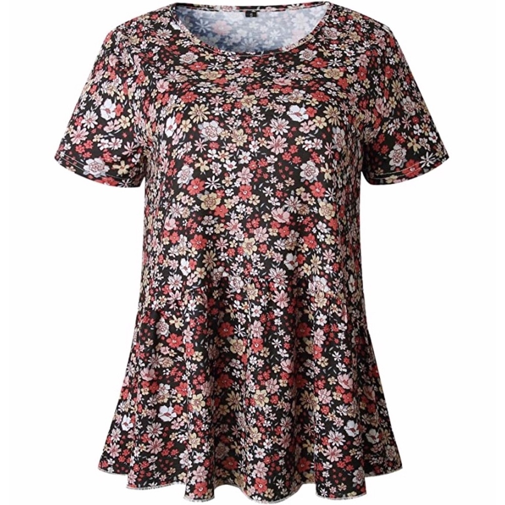 Women Crew Neck Floral Short Sleeve Ruffle Blouse